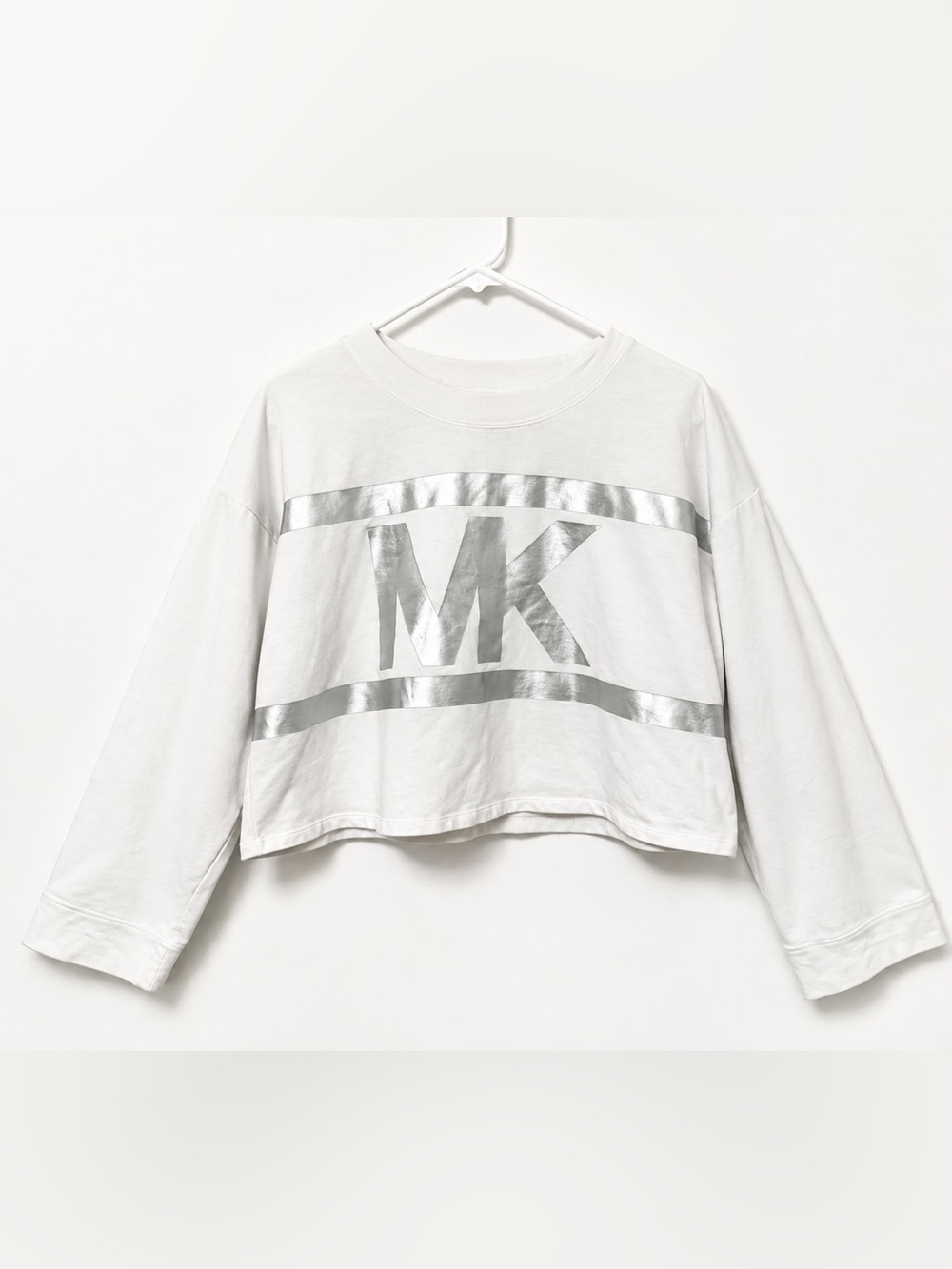 MICHAEL Michael Kors Cropped Sweatshirt L White Metallic Silver MK Logo